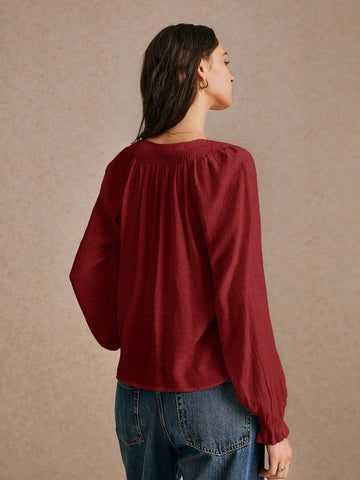 New Long-Sleeved Notched Neck Blouse, Embroidered Lace Stitching, Office Wear, Women's Casual
