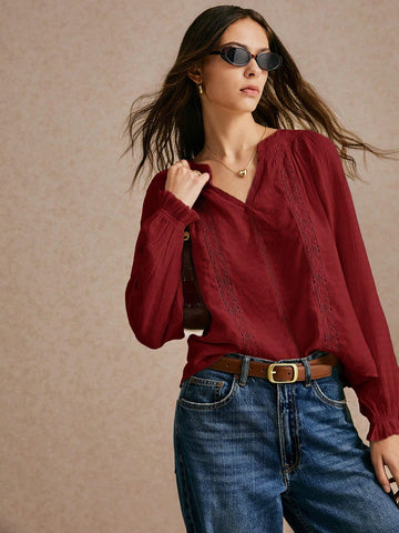 New Long-Sleeved Notched Neck Blouse, Embroidered Lace Stitching, Office Wear, Women's Casual