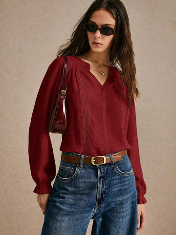 New Long-Sleeved Notched Neck Blouse, Embroidered Lace Stitching, Office Wear, Women's Casual