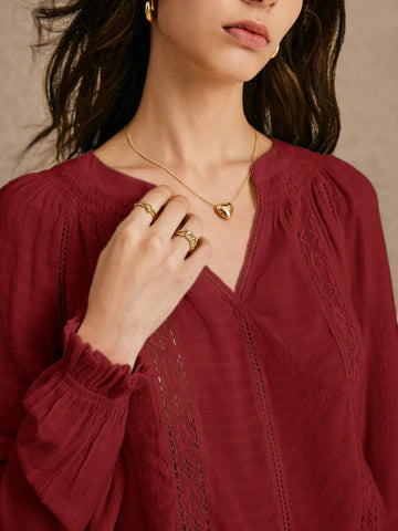 New Long-Sleeved Notched Neck Blouse, Embroidered Lace Stitching, Office Wear, Women's Casual