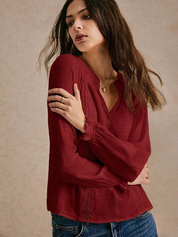 New Long-Sleeved Notched Neck Blouse, Embroidered Lace Stitching, Office Wear, Women's Casual