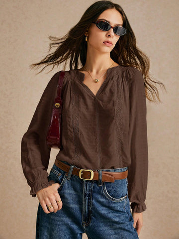 New Long-Sleeved Notched V-Neck Embroidered Lace Blouse, Casual Top