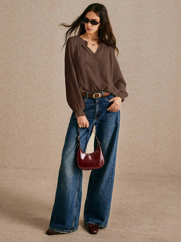 New Long-Sleeved Notched V-Neck Embroidered Lace Blouse, Casual Top