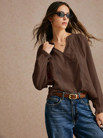 New Long-Sleeved Notched V-Neck Embroidered Lace Blouse, Casual Top