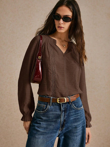 New Long-Sleeved Notched V-Neck Embroidered Lace Blouse, Casual Top