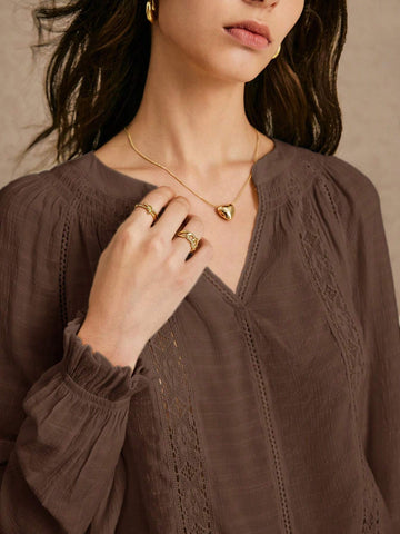 New Long-Sleeved Notched V-Neck Embroidered Lace Blouse, Casual Top