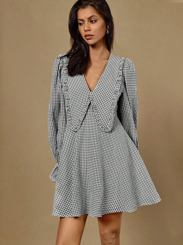 Poéselle Autumn New Plaid Long-Sleeved Fashionable A-Line Dress