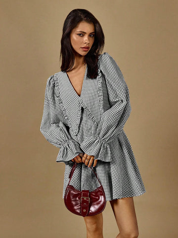 Poéselle Autumn New Plaid Long-Sleeved Fashionable A-Line Dress