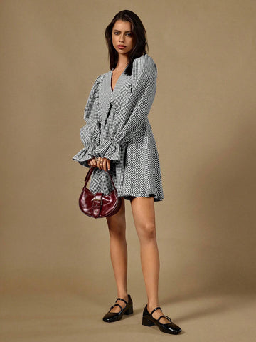Poéselle Autumn New Plaid Long-Sleeved Fashionable A-Line Dress