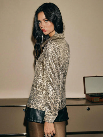 Autumn Shiny Gold And Silver Silk Print Leopard Long Sleeve Women's Shirt, Gold Leopard Shirt