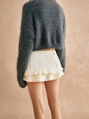 Poéselle Beige Tweed Pleated Skirt, Mini Skirt, Beige Divided Skirt, Inside Shorts, Preppy Skirt, Spice Skirt,Ultra Low Waist Pleated Layered Casual Mini Skirt,