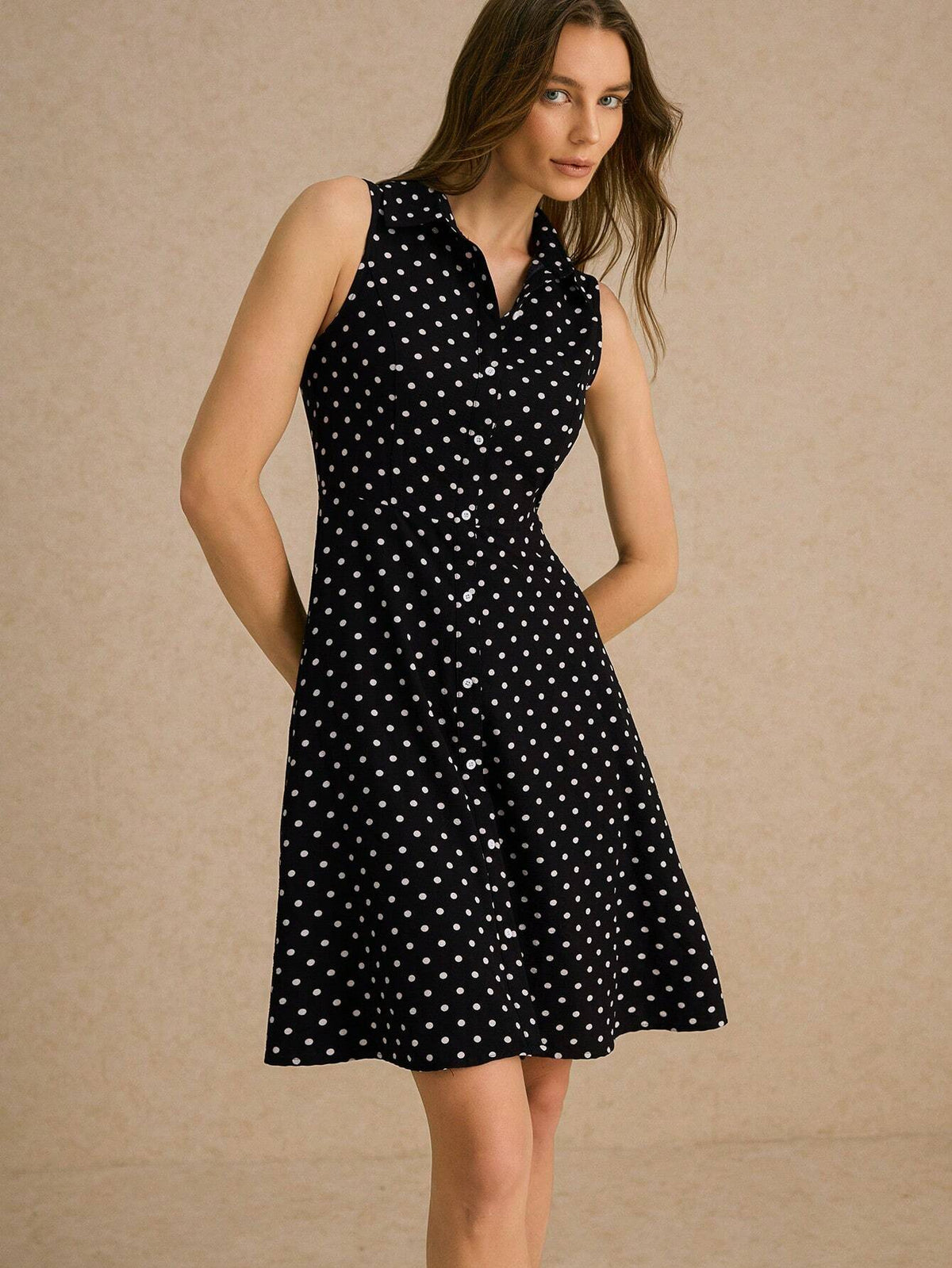 Poéselle Black Polka Dot Dress,Elegant Shirt Dress,Women's Polka Dot Print Single-Breasted Sleeveless Casual Shirt Mini Dress,Fall Dresses,Vintage Polka Dot Dress,Frenchies Dress,Suitable For Daily Street Commuting Holiday Home Wear