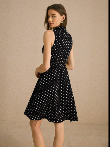 Poéselle Black Polka Dot Dress,Elegant Shirt Dress,Women's Polka Dot Print Single-Breasted Sleeveless Casual Shirt Mini Dress,Fall Dresses,Vintage Polka Dot Dress,Frenchies Dress,Suitable For Daily Street Commuting Holiday Home Wear