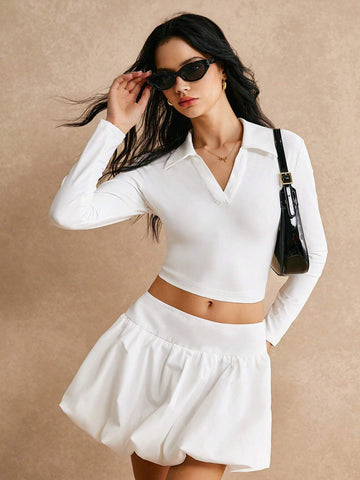 Poéselle Casual Street Style White Long Sleeve V-Neck Top And Pleated Tennis Skirt Set, Women's 2-Piece Set,Two Piece Autumn Suit,Frenchies FW24