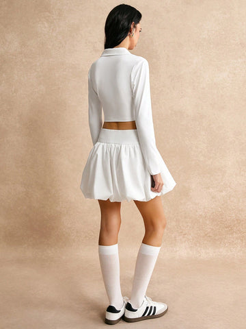 Poéselle Casual Street Style White Long Sleeve V-Neck Top And Pleated Tennis Skirt Set, Women's 2-Piece Set,Two Piece Autumn Suit,Frenchies FW24