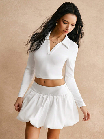 Poéselle Casual Street Style White Long Sleeve V-Neck Top And Pleated Tennis Skirt Set, Women's 2-Piece Set,Two Piece Autumn Suit,Frenchies FW24