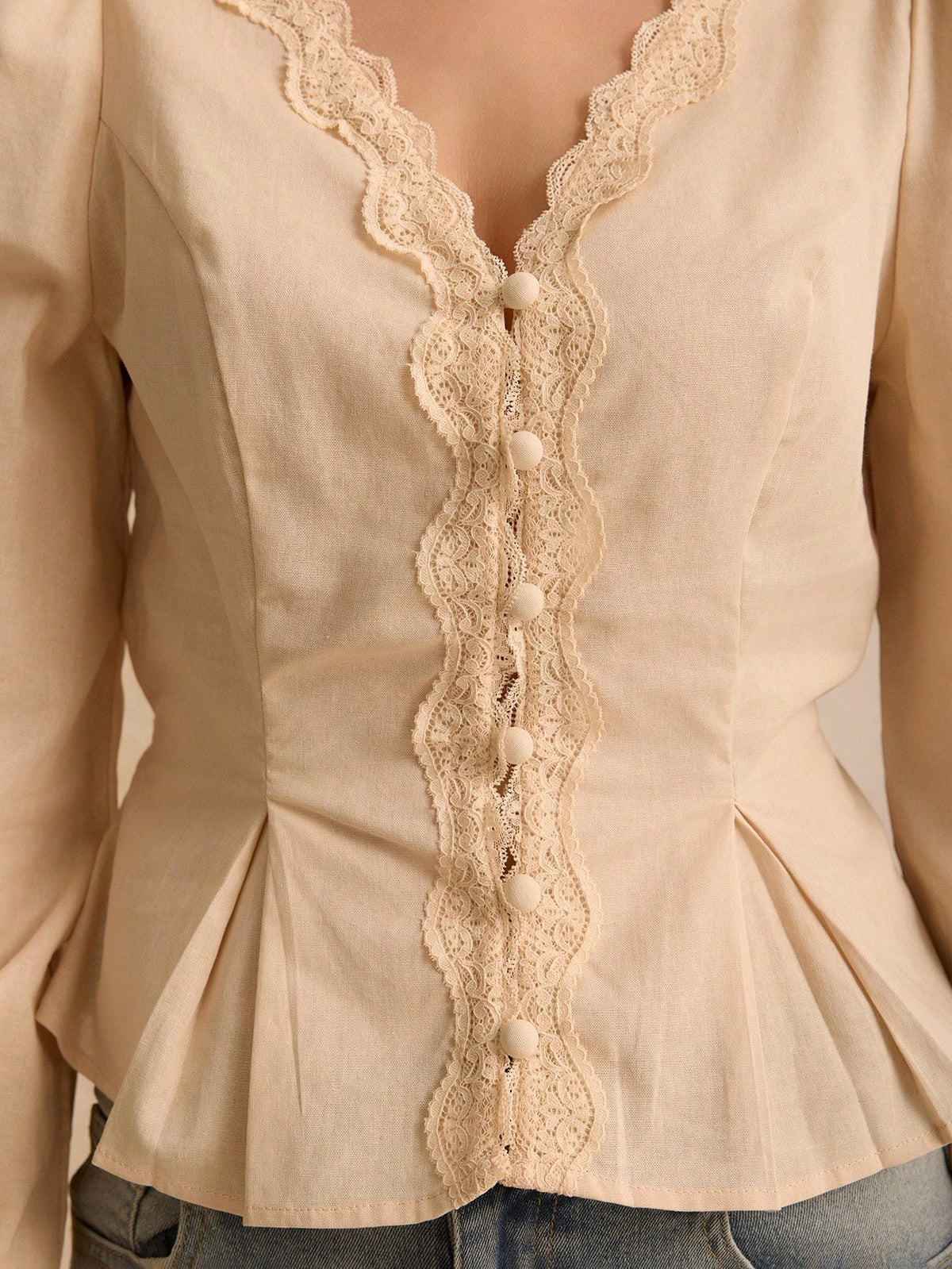 Cotton Elegant Lace Trimmed Waist Button Detail Shirt, Long Sleeve Shir