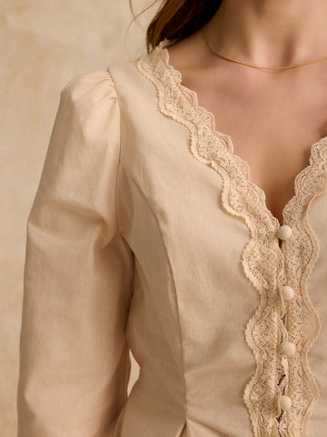 Cotton Elegant Lace Trimmed Waist Button Detail Shirt, Long Sleeve Shir