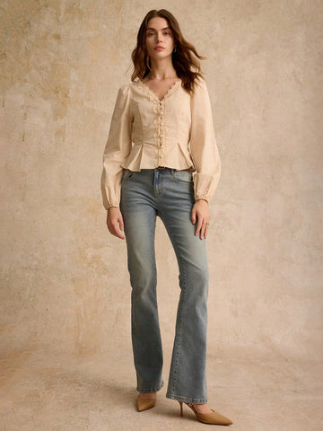 Cotton Elegant Lace Trimmed Waist Button Detail Shirt, Long Sleeve Shir