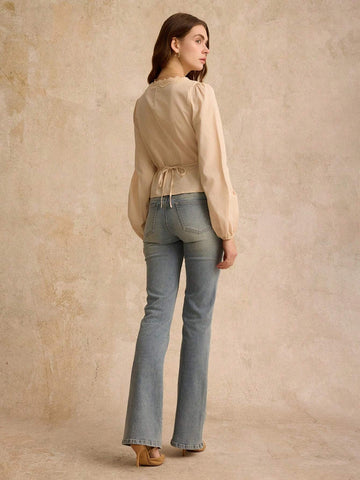 Cotton Elegant Lace Trimmed Waist Button Detail Shirt, Long Sleeve Shir