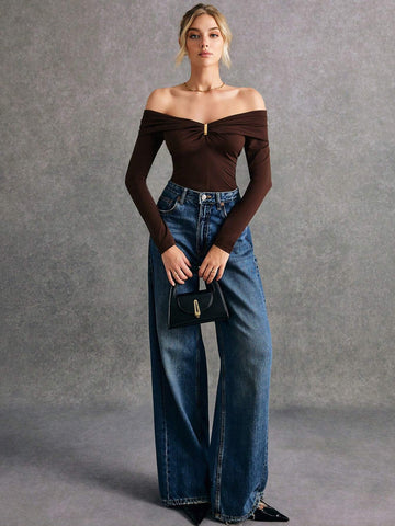 Elegant Solid Color Off-Shoulder Fitted T-Shirt For Women, Autumn