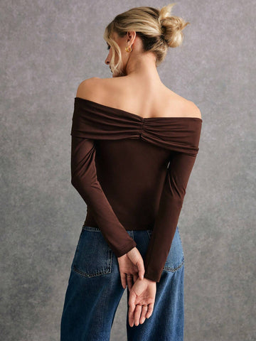 Elegant Solid Color Off-Shoulder Fitted T-Shirt For Women, Autumn