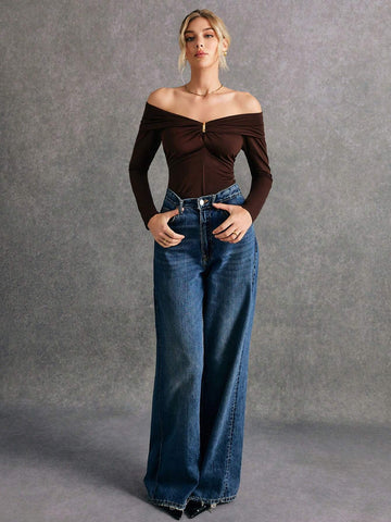 Elegant Solid Color Off-Shoulder Fitted T-Shirt For Women, Autumn