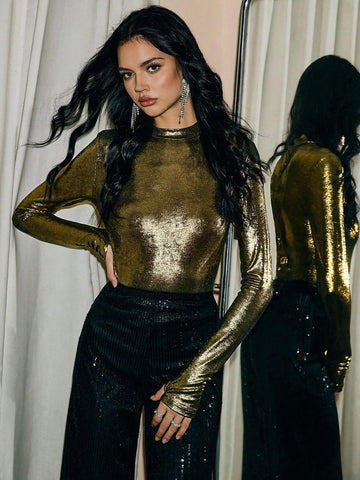 Gold Top,Christmas Women Clothes, 2024 AW, Winter Clothes,1pc Women's Elegant Metallic Thumb Ho