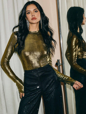 Gold Top,Christmas Women Clothes, 2024 AW, Winter Clothes,1pc Women's Elegant Metallic Thumb Ho