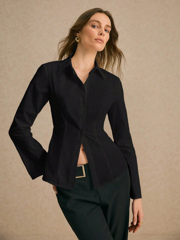 Ladies Drawstring Waist Elegant Front Button Long Sleeve Casual Shirt,Cotton Shirt