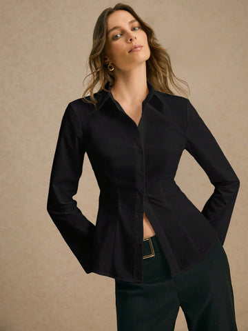 Ladies Drawstring Waist Elegant Front Button Long Sleeve Casual Shirt,Cotton Shirt