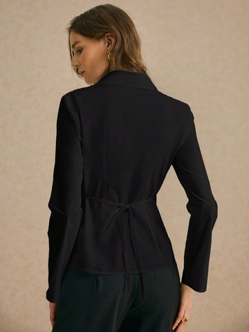 Ladies Drawstring Waist Elegant Front Button Long Sleeve Casual Shirt,Cotton Shirt