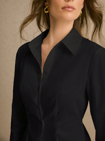 Ladies Drawstring Waist Elegant Front Button Long Sleeve Casual Shirt,Cotton Shirt