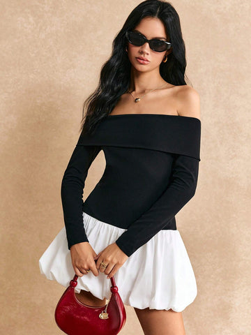 Poéselle One Word Shoulder Black And White Bubble Skirt,Women's Autumn Off Shoulder Contrast Color Patchwork Flared Hem Jumpsuit,Fall Clothes,Black Jumpsuit,Long Sleeve Jumpsuit,Suitable For Everyday, Street, Commuting Wear