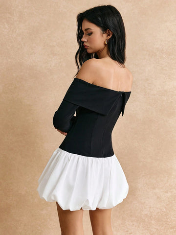 Poéselle One Word Shoulder Black And White Bubble Skirt,Women's Autumn Off Shoulder Contrast Color Patchwork Flared Hem Jumpsuit,Fall Clothes,Black Jumpsuit,Long Sleeve Jumpsuit,Suitable For Everyday, Street, Commuting Wear