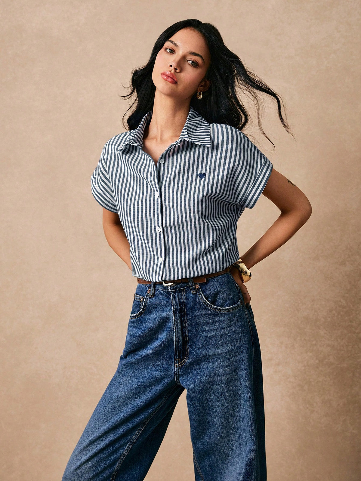 Striped Heart Embroidery Button Front Spring Shirts Button Down Shirt Embroidered Top Casual Striped Cotton Linen Shirt