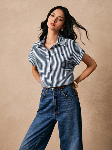 Striped Heart Embroidery Button Front Spring Shirts Button Down Shirt Embroidered Top Casual Striped Cotton Linen Shirt