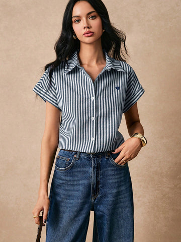 Striped Heart Embroidery Button Front Spring Shirts Button Down Shirt Embroidered Top Casual Striped Cotton Linen Shirt