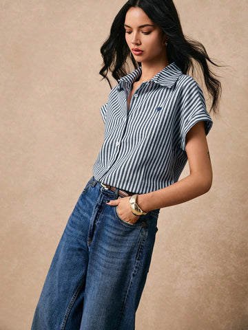 Striped Heart Embroidery Button Front Spring Shirts Button Down Shirt Embroidered Top Casual Striped Cotton Linen Shirt