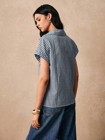 Striped Heart Embroidery Button Front Spring Shirts Button Down Shirt Embroidered Top Casual Striped Cotton Linen Shirt
