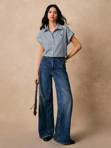 Striped Heart Embroidery Button Front Spring Shirts Button Down Shirt Embroidered Top Casual Striped Cotton Linen Shirt