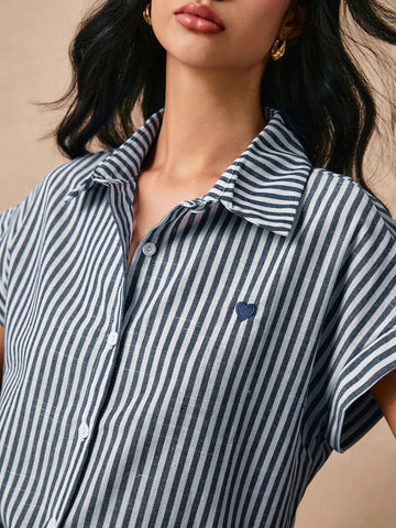 Striped Heart Embroidery Button Front Spring Shirts Button Down Shirt Embroidered Top Casual Striped Cotton Linen Shirt
