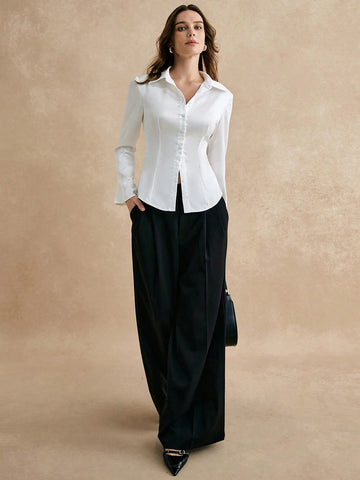 White Satin Long Sleeve Shirt, Elegant Work Blouse , Button Up Shirt Women