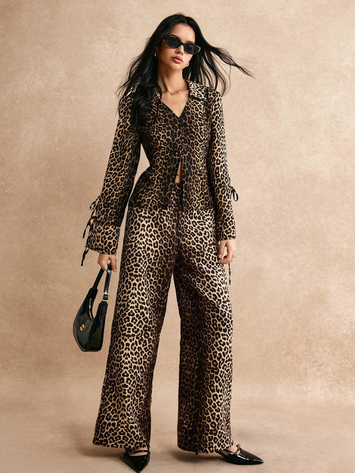 Poéselle Women 2pcs/Set Leopard Print Lapel Long Sleeve Top And Pants Loose Casual Fashion Outfit, Autumn