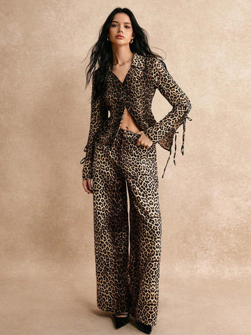 Poéselle Women 2pcs/Set Leopard Print Lapel Long Sleeve Top And Pants Loose Casual Fashion Outfit, Autumn