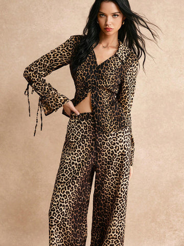 Poéselle Women 2pcs/Set Leopard Print Lapel Long Sleeve Top And Pants Loose Casual Fashion Outfit, Autumn