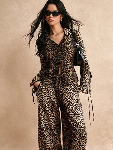 Poéselle Women 2pcs/Set Leopard Print Lapel Long Sleeve Top And Pants Loose Casual Fashion Outfit, Autumn