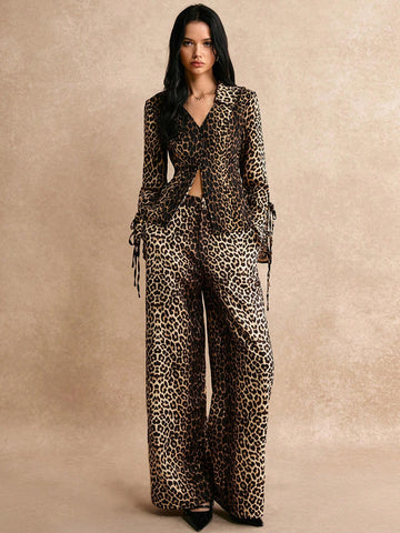 Poéselle Women 2pcs/Set Leopard Print Lapel Long Sleeve Top And Pants Loose Casual Fashion Outfit, Autumn
