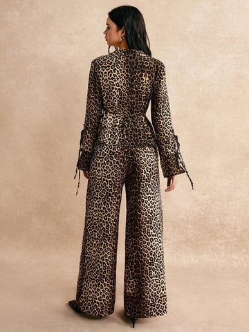 Poéselle Women 2pcs/Set Leopard Print Lapel Long Sleeve Top And Pants Loose Casual Fashion Outfit, Autumn