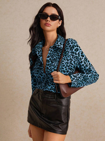 Women Casual Leopard Print Front Button Long Sleeve Shirt, Autumn